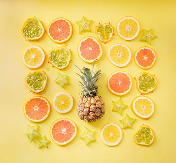 ananas, circondato, affettato, frutta, arancia, Limone, carambola, giallo, bere, bevanda, cibo, mangiare sano, cibo e bevande, agrumi, benessere, colore arancione, freschezza, sezione trasversale, nessuno, girato in studio, fetta, in casa, scelta, variazione, direttamente sopra, pompelmo, 4K, CC0, dominio pubblico, privo di copyright