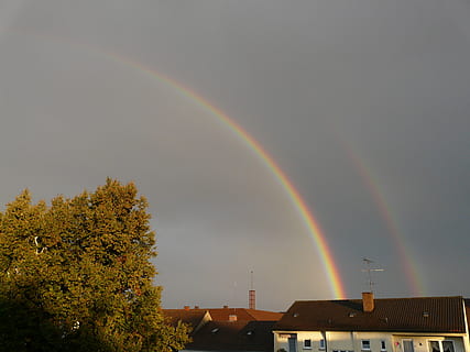 rainbow, house, half, transient, stop, ends, fade, double rainbow, mirroring, refraction, double, two, phenomenon, rain, sunshine, sky, nature, spectrum, colorful, natural phenomenon, rainbow colors, ray, natural spectacle, of course, spectacular, clouds, half circle, achieve, homes, house roof, antenna, tree, miracle, secondary rainbow, night, architecture, plant, building exterior, no people, beauty in nature, built structure, scenics - nature, cloud - sky, low angle view, building, multi colored, day, outdoors, residential district, 2K, CC0, public domain, royalty free