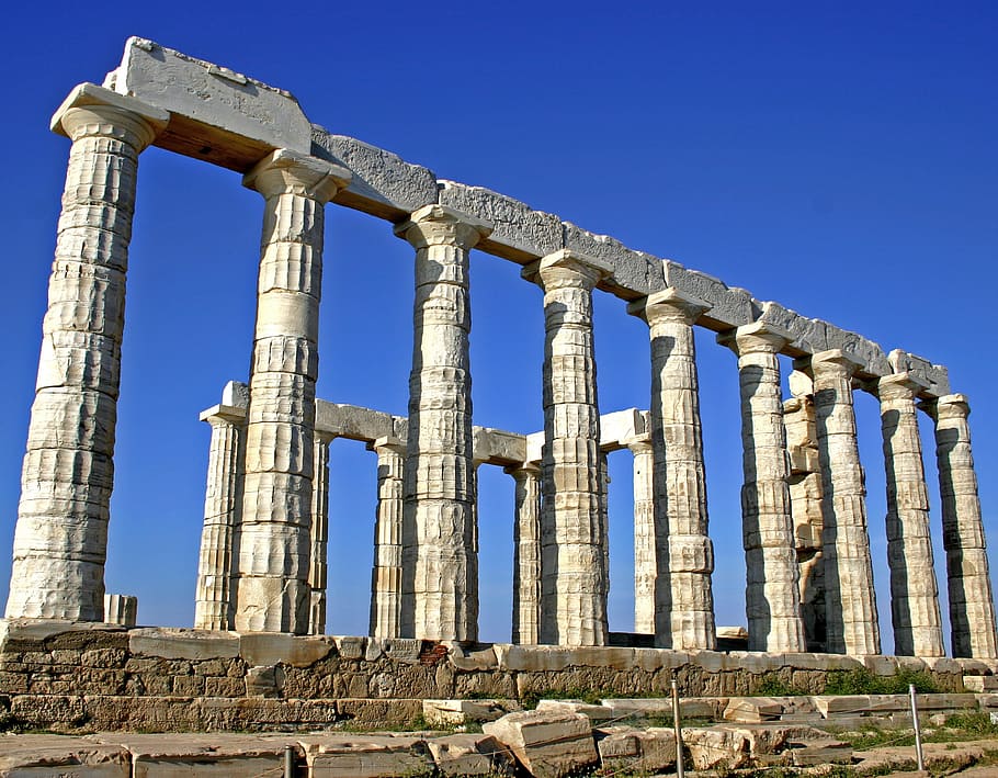 concret, pilars, durant el dia, antic, arquitectura, columnes, referència, a l'aire lliure, ruïnes, pedres, temple de poseidon, història, el passat, antiga ruïna, cel, columna arquitectònica, estructura construïda, cel clar, civilització antiga, arruïnat, arqueologia, destinacions de viatge, lloc de culte, naturalesa, espatllat, vell, abandonat, aixafar, dia, cap gent, deteriorament, columnata, història antiga, 2K