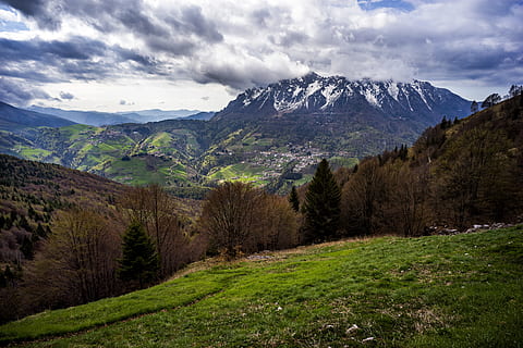 maro, copaci, zăpadă, acoperit, Munte, noros, cer, câmp de iarbă verde, fotografie peisaj, copac, gaz, formatie rock, nor, vale, stâncos, natură, peisaj, scenics, în aer liber, de munte, frumusețe în natură, nor - cer, vară, pădure, deal, iarbă, Culoarea verde, luncă, nici o persoana, varf de munte, rural, panoramic, peisaje, scenice - natura, plantă, mediu inconjurator, o scenă liniștită, liniște, teren, scenă non-urbană, idilic, un munte acoperit de zăpadă, 5K, CC0, domeniu public, fără drepturi de autor