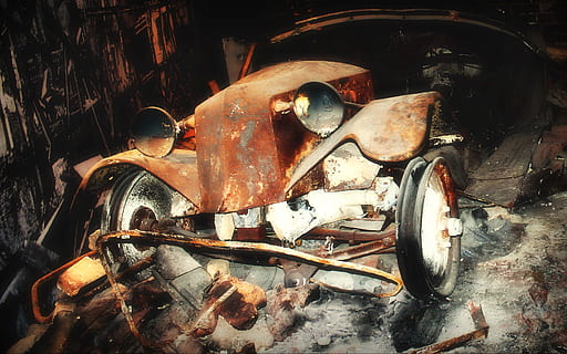 Auto, alt, Oldtimer, altes Auto, historisch, gebrochen, pkw, Krieg, Schrott, Seltenheit, Defekt, Wrack, Fahrzeug, rostfrei, klassisch, nostalgisch, keine Leute, verlassen, Stillleben, High Angle View, Metall, drinnen, Nahansicht, rostig, obsolet, Meeresfrüchte, beschädigt, Tag, Tier, Natur, verwittert, Fisch, Transport, schlechter Zustand, 2K, CC0, gemeinfrei, lizenzfrei