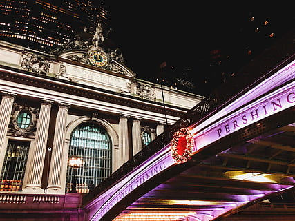 aerial, view, central, terminal, grand, terminal building, building, architecture, window, clock, station, built structure, illuminated, night, building exterior, city, low angle view, transportation, connection, bridge, bridge - man made structure, travel destinations, lighting equipment, travel, arch, no people, public transportation, outdoors, architectural column, 4K, CC0, public domain, royalty free