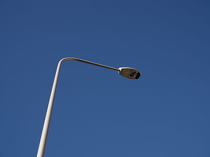white, gray, light post, street, light, daylight, blue, sky, lamp post, cable, no people, day, technology, industry, outdoors, close-up, network connection plug, copy space, street light, low angle view, sport, clear sky, single object, lighting equipment, cut out, metal, nature, electricity, convenience, sunny, 4K, CC0, public domain, royalty free
