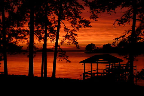 Lake Murray s.c, s.c., posta de sol 1, silueta, arbres, posta de sol, arbre, aigua, sol, planta, bellesa a la natura, cel, color taronja, escena tranquil·la, tranquil·litat, naturalesa, escenics - natura, mar, núvol - cel, idíl·lic, cap gent, platja, a l'aire lliure, 2K, CC0, domini públic, lliure de regalies
