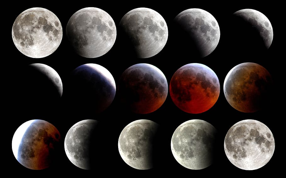 assortit, collage en angle de lluna, lluna, transició, progrés, progressar, total, etapes, progressió de l'eclipsi lunar complet, fons negre, en fila, cap gent, tir de l'estudi, ombra, espai, cel, ordre, naturalesa, forma, astronomia, a l'interior, cercle, gris, forma geomètrica, eclipsi, esfera, primer pla, canvi, còdols, 4K