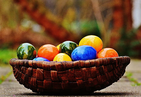 bunch, assorted-color eggs, tray, easter, easter eggs, colorful, happy easter, egg, colored, color, easter nest, multi Colored, season, springtime, basket, decoration, yellow, cultures, easter Egg, food, food and drink, healthy eating, focus on foreground, freshness, container, celebration, group of objects, holiday, no people, fruit, wellbeing, wood - material, close-up, 5K, CC0, public domain, royalty free