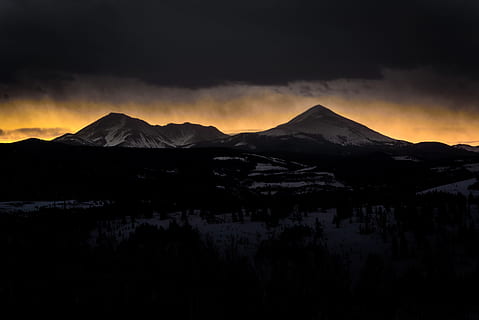 mountains during sunset, silhouette, mountain, golden, hour, snow, covered, mountains, orange, sunset, shadow, dark, cloud, light, nature, landscape, scenics, volcano, mountain Peak, cloud - Sky, night, sky, mountain Range, outdoors, dusk, no people, scenics - nature, beauty in nature, tranquil scene, tranquility, environment, land, water, non-urban scene, lake, travel destinations, snowcapped mountain, 5K, CC0, public domain, royalty free