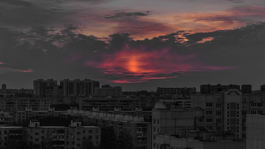 alba a Mosca, grattacielo, edifici, prese, d'oro, ora, notte, nube, costruzione, viola, arancia, architettura, esterno dell'edificio, cielo, struttura costruita, nuvola - cielo, città, nessuno, natura, tramonto, quartiere residenziale, bellezza nella natura, all'aperto, paesaggio urbano, colore arancione, cielo drammatico, idilliaco, colore rosa, appartamento, cielo romantico, 4K