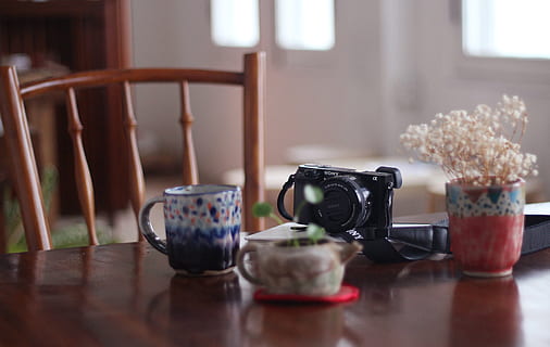 nero, tavolo, selettivo, fotografia a fuoco, fotocamera dslr, boccale, pentola, di legno, ceramica, bar, telecamera, in casa, teiera, interno di casa, finestra, nessuno, tè - bevanda calda, legno - materiale, tazza, stanza domestica, vecchio stile, giorno, macchina da scrivere, natura morta, messa a fuoco selettiva, contenitore, bere, avvicinamento, cibo e bevande, tazza di caffè, concentrarsi sulle conoscenze acquisite, pianta, 2K, CC0, dominio pubblico, privo di copyright