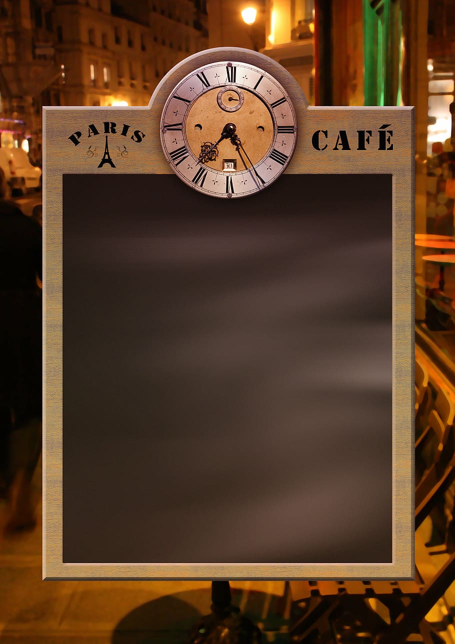 grigio, nero, bordo del menu caffè parigi, menu, tavola, lavagna, orologio, ristorante, bar, etichetta, propria etichetta, informazione, accedere, Nota, Informazioni, tempo, in casa, nessuno, tecnologia, quadrante, copia spazio, legno - materiale, in stile retrò, vuoto, avvicinamento, sospeso, industria cinematografica, precisione, mano minuta, cornice, telaio, girato in studio, 4K