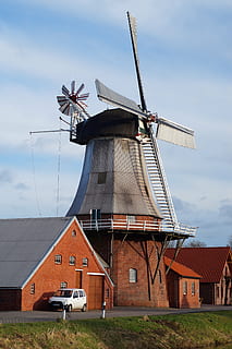 mill, flour mill, windmill, wing, clouds, blue, rural Scene, old, history, sky, renewable energy, alternative energy, wind turbine, wind power, turbine, environmental conservation, architecture, environment, built structure, fuel and power generation, building exterior, traditional windmill, nature, cloud - sky, field, land, landscape, day, no people, outdoors, 5K, CC0, public domain, royalty free