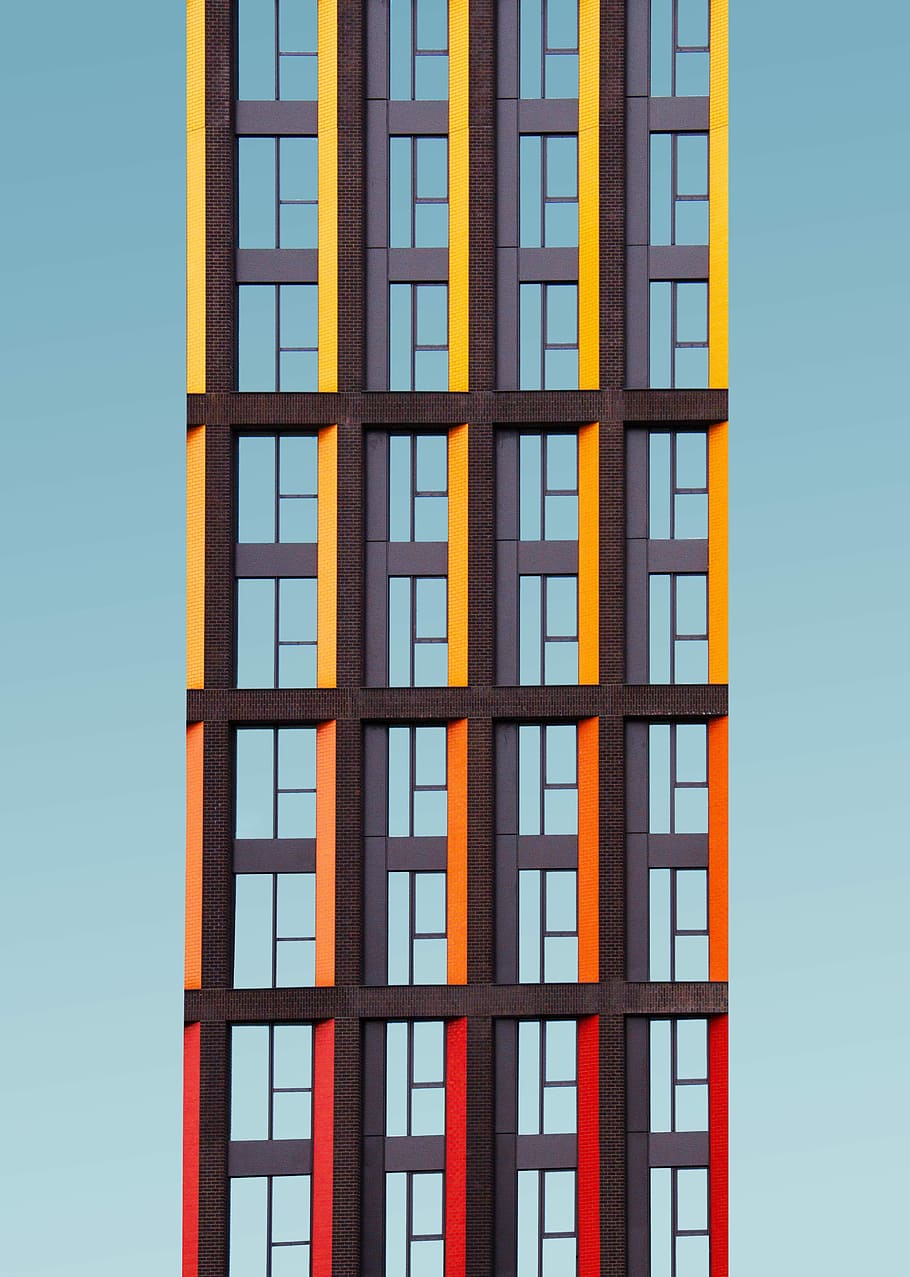 stavební ilustrace, žlutá, šedá, budova, věž, okno, vzor, opakování, oranžový, modrý, Červené, architektura, živobytí, grafický, symetrie, mrakodrap, město, moderní, tvořivý, Londýn, architectureporn, tvar, stavba, nebe, nikdo, exteriér budovy, nízký úhel pohledu, den, čisté nebe, Příroda, venku, slunečního světla, sklo - materiál, stavební průmysl, žebřík, architektonický prvek, 5K