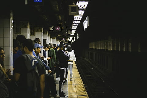 people, standing, train station tunnel, inside, train station, train, station, subway, platform, crowd, transportation, real people, group of people, rail transportation, architecture, men, mode of transportation, travel, public transportation, railroad station, women, rear view, built structure, waiting, railroad track, walking, railroad station platform, track, 5K, CC0, public domain, royalty free