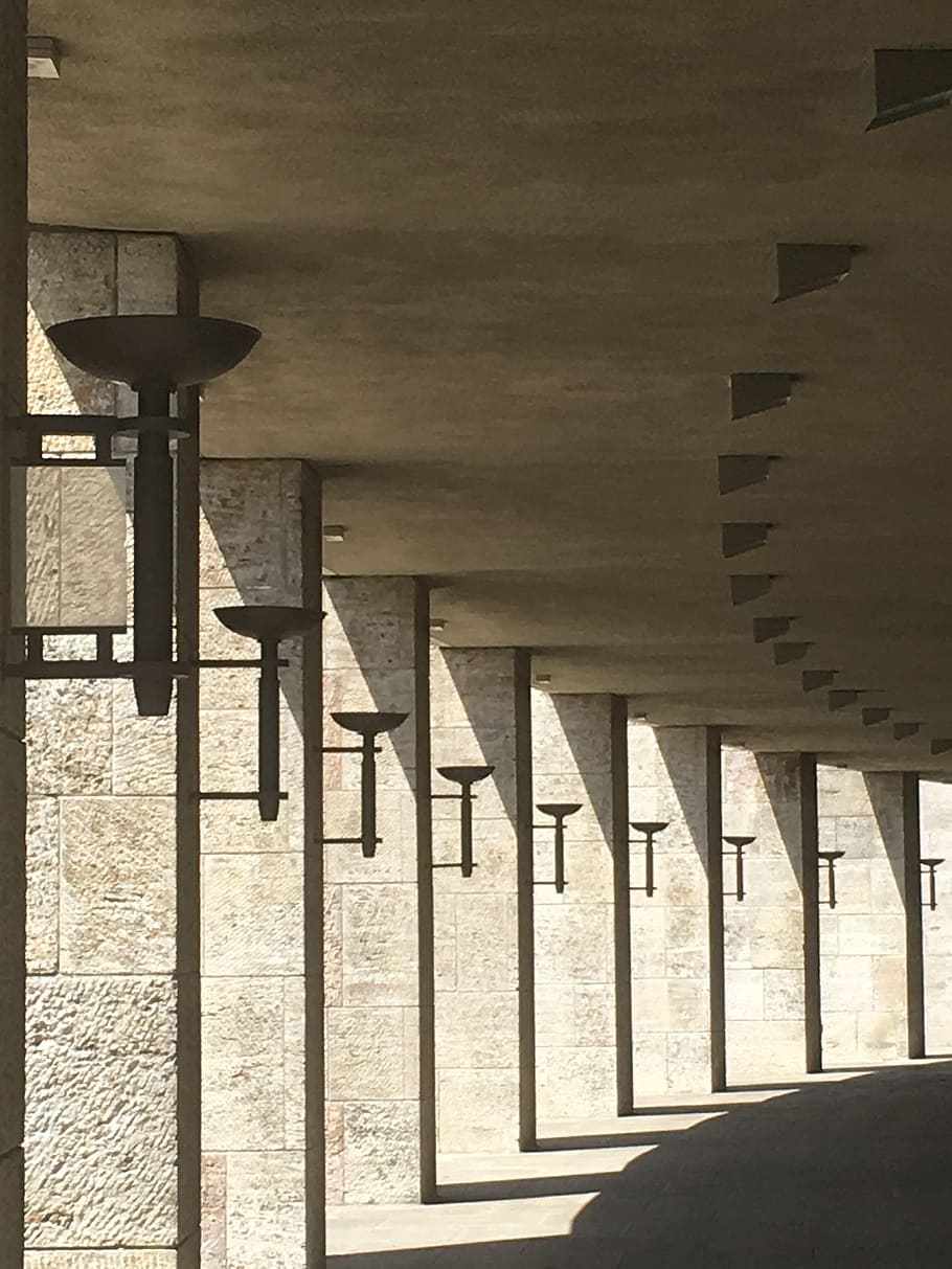 olimpico, stadio, Berlino, architettura, nessuno, struttura costruita, luce del sole, giorno, di fila, ombra, natura, colonna architettonica, all'aperto, costruzione, attrezzatura per l'illuminazione, assenza, ripetizione, modello, cielo, connessione, ponte, sotto, calcestruzzo, soffitto, 4K