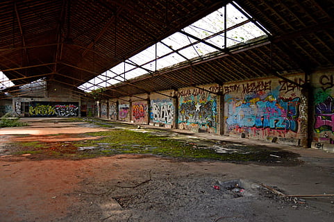 gamykla, sienos, grafiti, architektūra, pastatyta struktūra, atsisakyta, nėra žmonių, menas ir amatai, patalpose, pastatas, kūrybiškumas, nusileidęs, tuščia, dieną, sugadintas, nepatogus, purvinas, sienų kūrimo funkcija, pablogėjimas, senas, viršutinė riba, 5K, CC0, Viešasis domenas, nemokamai