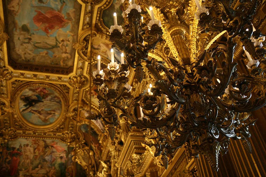 Parigi, musica lirica, soffitto, arte e artigianato, color oro, luogo di culto, religione, in casa, nessuno, oro, credenza, spiritualità, lampadario, architettura, rappresentazione, ornato, destinazioni di viaggio, mestiere, struttura costruita, rappresentazione umana, murale, lusso, 4K