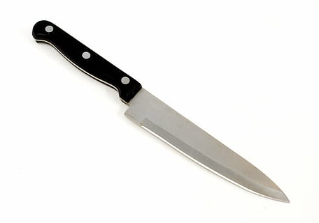 black-handled kitchen knife, knife, sharp knife, sharp, cooking, cut, utensil, blade, steel, kitchen Knife, handle, cutting, stainless Steel, kitchen Utensil, single Object, isolated, metal, knife - weapon, weapon, white background, alloy, cut out, studio shot, indoors, sign, no people, warning sign, equipment, work tool, communication, aggression, 2K, CC0, public domain, royalty free