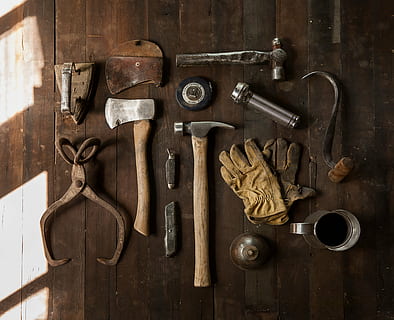 assorted, handheld, tool lot, tools, do it yourself, hammer, carpentry, construction, wrench, repair, work, carpenter, service, builder, screwdriver, handyman, set, wood, build, workman, spanner, equipment, industry, repairman, fix, diy, maintenance, wood - Material, old, old-fashioned, handle, work Tool, retro Styled, metal, indoors, tool, still life, hand tool, no people, workshop, table, choice, large group of objects, variation, high angle view, directly above, hanging, day, 5K, CC0, public domain, royalty free