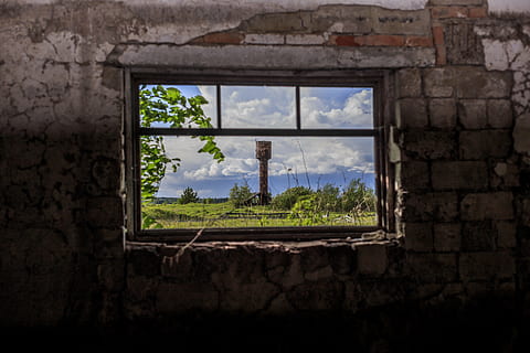 finestra, destruir, trencat, edifici, vell, casa, paret, danys, brut, abandonat, dia, cap gent, a l'interior, estructura construïda, núvol - cel, arquitectura, cel, naturalesa, transparent, vidre - material, una persona, planta, funció de construcció de parets, arbre, deteriorament, 5K, CC0, domini públic, lliure de regalies