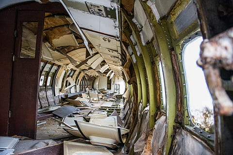 broken, airplane, plane, old, aircraft, demolished, destroyed, interior, wreck, damaged, indoors, no people, day, abandoned, history, architecture, destruction, window, the past, ruined, obsolete, built structure, bad condition, nature, deterioration, decline, 5K, CC0, public domain, royalty free