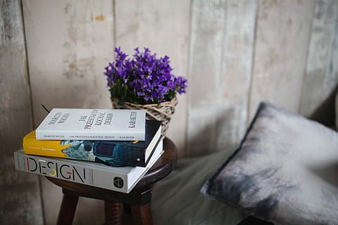 purple, flowers, wooden, stool, bed, Books, by the bed, flower, flora, home, reading, plant, design, literature, violet, indoors, no people, day, close-up, communication, flowering plant, human body part, container, text, one person, focus on foreground, publication, book, nature, box, freshness, lifestyles, box - container, 5K, CC0, public domain, royalty free