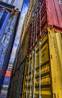 beholder, Havn, Indlæser, stablet, container terminal, containerhåndtering, last, marketing hub, kuvert kvadrat, Tyskland, farve, himmel, skyer, hdr, kontrast, højt dynamisk område, farverig, arkitektur, bygning udvendig, bygget struktur, bygning, lav vinkel visning, ingen mennesker, by, udendørs, dag, industri, natur, tekst, forretning, meddelelse, skilt, byggeplads, vindue, sky - himmel, glas - materiale, 5K, CC0, offentligt domæne, royaltyfrie