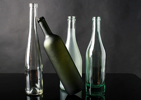 bottles, empty, glass, table, bottle, container, food and drink, glass - material, alcohol, drinking glass, refreshment, drink, household equipment, wine bottle, indoors, no people, transparent, still life, vulnerability, fragility, nature, luxury, small group of objects, 2K, CC0, public domain, royalty free