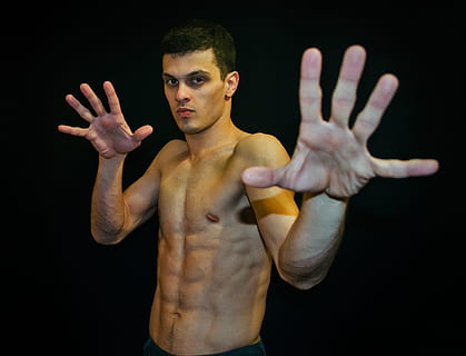man raising hands, guy, boy, sars, man, relief, rack, view, press, hands, fingers, model, young, person, leather, men's, posture, portrait, body, eyes, dark background, youth, style, beauty, photoshoot, expression, beautiful, life style, views, men, muscular Build, males, shirtless, caucasian Ethnicity, adult, studio Shot, isolated On Black, human Muscle, one Person, posing, waist Up, masculinity, abdominal Muscle, chest, front View, strength, black background, sport, human body part, hand, healthy lifestyle, young adult, human hand, standing, human arm, arms raised, aggression, stop gesture, human limb, 4K, CC0, public domain, royalty free