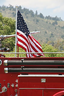 flag, fire, mountain, fireman, fighter, uSA, red, fire Engine, american Flag, american Culture, patriotism, tree, star shape, no people, mode of transportation, day, transportation, striped, nature, shape, outdoors, plant, land vehicle, car, focus on foreground, independence, 2K, CC0, public domain, royalty free
