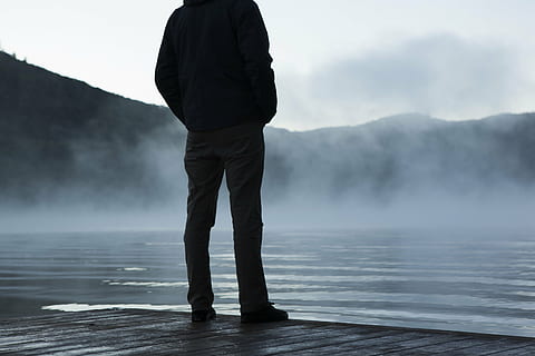 silhouette, man, standing, beside, water, across, hill, daytime, person, area, white, smoke, guy, wood, dock, ripples, fog, mist, grey, lake, mountains, outdoors, one person, weather, day, rear view, nature, scenics - nature, mountain, beauty in nature, men, sky, steam, tranquility, non-urban scene, tranquil scene, real people, hot spring, 5K, CC0, public domain, royalty free