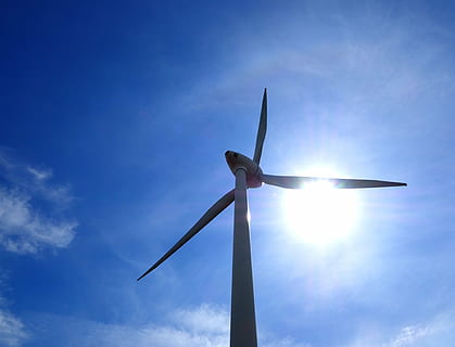 technology, nature, human, sky, low angle view, cloud - sky, turbine, fuel and power generation, wind turbine, environmental conservation, wind power, blue, renewable energy, alternative energy, environment, no people, sunbeam, sunlight, day, sun, back lit, outdoors, lens flare, bright, sustainable resources, power supply, directly below, 4K, CC0, public domain, royalty free