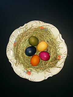 easter egg, dye eggs, easter, egg, easter decorations, decoration, easter nest, easter decor, easter greeting, happy easter, easter grass, food, black background, indoors, food and drink, celebration, holiday, still life, multi colored, studio shot, freshness, no people, directly above, close-up, cut out, high angle view, egg yolk, floral pattern, temptation, 2K, CC0, public domain, royalty free