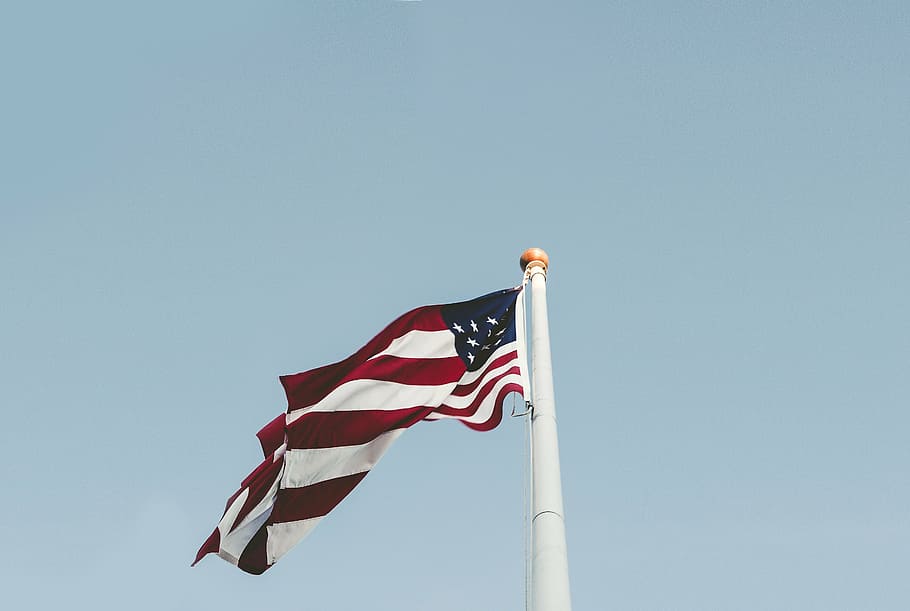 united, states, america, flat, white, pole, taken, daytime, flag, u, s, metal, blue, sky, american, USA, united states, striped, patriotism, low angle view, clear sky, no people, flying, stars and stripes, day, environment, nature, wind, copy space, waving, red, freedom, independence, national icon, 5K