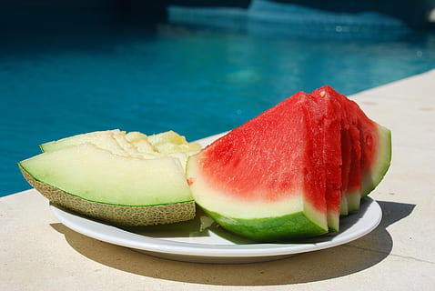 water melon, white, plate, watermelon, melon, fruit, pool, food and drink, slice, freshness, no people, healthy eating, food, wellbeing, still life, close-up, focus on foreground, table, blue, high angle view, sweet food, day, indulgence, summer, swimming pool, snack, temptation, 1080P, CC0, public domain, royalty free