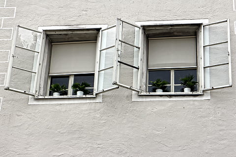 finestra, vell, finestra antiga, façana, històricament, nostàlgic, barri antic, façana de la casa, arquitectura, estructura construïda, exterior de l'edifici, edifici, cap gent, funció de construcció de parets, dia, planta, barri residencial, planta en test, a l'aire lliure, casa, vista d’angle baix, tancat, naturalesa, creixement, vidre - material, marc complet, Color blanc, marc de finestra, ornamentat, 4K, CC0, domini públic, lliure de regalies