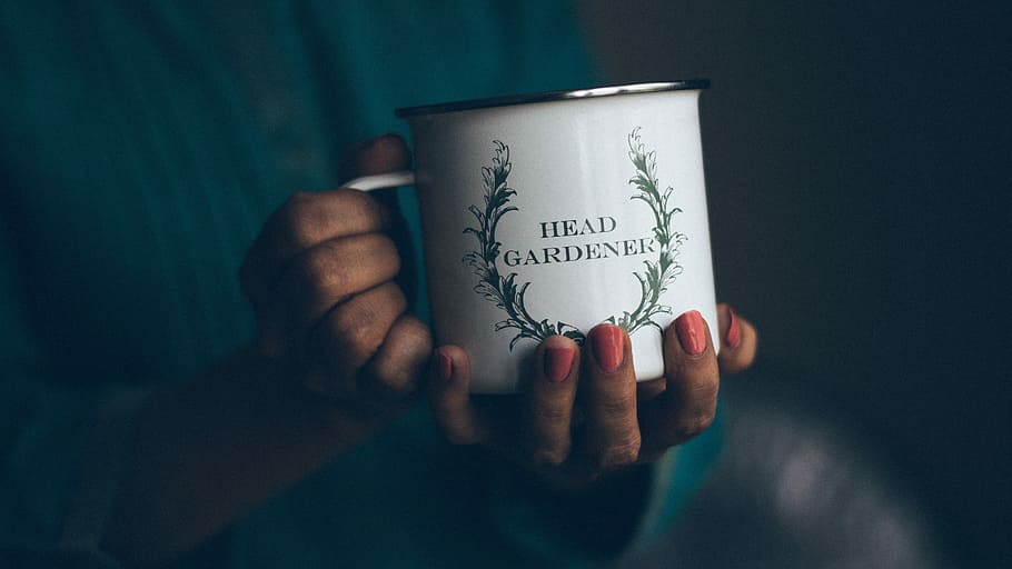 person, holding, white, head gardener mug, white Head, Head Gardener, mug, blue, cups, gray, hands, iron, red, human Hand, people, one Person, text, human body part, adult, western script, communication, indoors, hand, close-up, cup, focus on foreground, message, handwriting, paper, studio shot, body part, note - message, 5K
