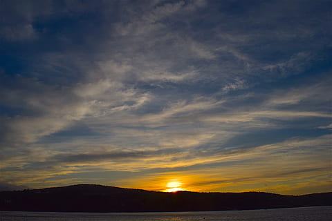sunset, shore, ocean, sky, clouds, maine, nature, water, sea, landscape, blue, yellow, coast, coastline, scenic, outdoor, natural, sunlight, weather, autumn, golden, october, picturesque, evening, dusk, cloud - sky, scenics - nature, beauty in nature, tranquil scene, tranquility, silhouette, environment, no people, non-urban scene, idyllic, orange color, land, outdoors, mountain, dramatic sky, 4K, CC0, public domain, royalty free