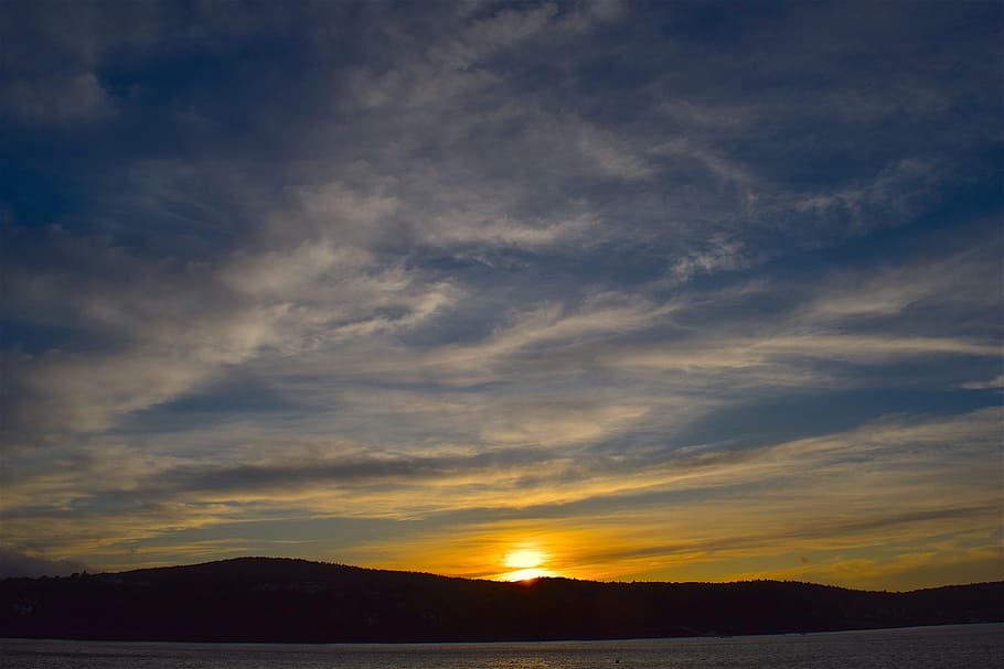 sunset, shore, ocean, sky, clouds, maine, nature, water, sea, landscape, blue, yellow, coast, coastline, scenic, outdoor, natural, sunlight, weather, autumn, golden, october, picturesque, evening, dusk, cloud - sky, scenics - nature, beauty in nature, tranquil scene, tranquility, silhouette, environment, no people, non-urban scene, idyllic, orange color, land, outdoors, mountain, dramatic sky, 4K