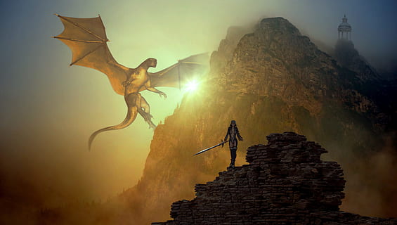 Frau, Stehen, felsig, Terrain, Fantasie, Drachen, Berg, Licht, Salbei, Szene, Kämpfer, Schwert, Nebel, Silhouette, Märchen, mystisch, fliegen, Zauber, Drachen-Champion, Monster-, Mystik, Mystische Kreaturen, Stimmung, Märchenwelt, Fantastisch, romantisch, Fotomontage, Tier, Fantasiebild, komponieren, amazone, weiblich, düster, Abenteuer, Herrlich, wunderschönen, Natur, Hölle, Landschaft, sonnig, Himmel, eine Person, Rock, Rock - Objekt, solide, Flachwinkelansicht, draußen, Umgebung, Kommunikation, Schönheit in der Natur, Risiko, Tag, Felsformation, Land, Linseneffekt, 4K, CC0, gemeinfrei, lizenzfrei