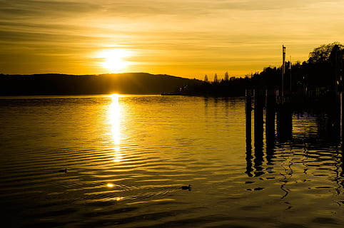 corp, apă, peste, siluetă, Munte, apus de soare, galben, soare, nor, siluete, cer, lac, peisaj, Lacul Constance, Liniște, frumos, dig, Überlingen, reflecţie, rață, seară, rațe, frumusețe în natură, scenice - natura, o scenă liniștită, natură, nici o persoana, culoare portocalie, malul mării, nor - cer, lumina soarelui, idilic, în aer liber, post, post de lemn, 1080P, CC0, domeniu public, fără drepturi de autor