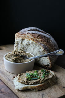 bread and paté, Bread, paté, breakfast, dinner, lunch, pate, restaurant, spoon, food, freshness, wood - Material, meal, gourmet, slice, homemade, table, loaf of Bread, rustic, snack, healthy Eating, baked, cheese, food and drink, studio shot, indoors, still life, wellbeing, no people, close-up, ready-to-eat, black background, cutting board, focus on foreground, eating utensil, bowl, brown bread, 2K, CC0, public domain, royalty free