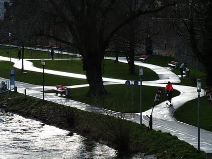 cykelsti, cykelsti netværk, gader, vejnet, vej, Trafik, cyklister, cykling, regn, våd, skinne, plante, træ, natur, rigtige mennesker, dag, sport, jord, mennesker, fritidsaktivitet, herrer, udendørs, græs, Mark, sti, transportmidler, vækst, kold temperatur, bare træ, vinter, vand, 4K, CC0, offentligt domæne, royaltyfrie