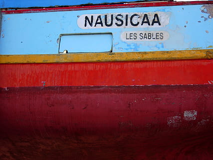 boat, hull, trawler, docks, fishing, text, red, communication, western script, day, no people, close-up, outdoors, transportation, mode of transportation, blue, metal, capital letter, old, telephone booth, mailbox, wall - building feature, architecture, mail, public transportation, 2K, CC0, public domain, royalty free