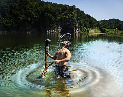 performance, calligraphy, underwater, water, tree, lake, plant, men, lifestyles, nature, leisure activity, day, beauty in nature, shirtless, reflection, adult, two people, rear view, real people, waterfront, people, outdoors, 4K, CC0, public domain, royalty free