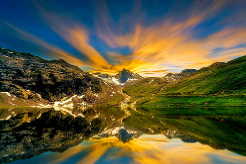photo, body, water, green, mountains, day time, landscape photography, cliff, sunset, dusk, sky, clouds, lake, reflections, hdr, snow, nature, outdoors, countryside, landscape, scenics, mountain, beauty In Nature, cloud - Sky, blue, reflection, panoramic, color Image, tranquil Scene, sunlight, cloudscape, autumn, mountain range, scenics - nature, tranquility, environment, no people, idyllic, non-urban scene, land, plant, rock - object, mountain peak, 1080P, CC0, public domain, royalty free