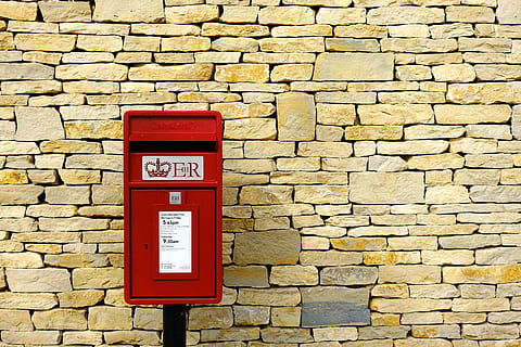 red, steel container, beside, brick wall, post-box, post, mail, box, wall, dry, stone, communication, royal mail, royal, postage, british, postal, english, mailbox, postbox, england, britain, delivery, send, communicate, wall - building feature, built structure, text, no people, protection, accidents and disasters, safety, security, day, brick, architecture, western script, container, box - container, outdoors, stone wall, 5K, CC0, public domain, royalty free