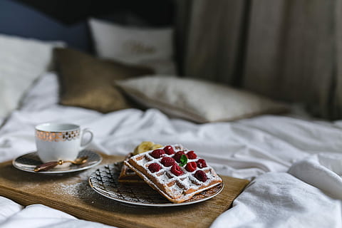 breakfast, bed, -, waffles, raspberries, cup, coffee, tray, Breakfast in bed, cup of coffee, interior, cafe, indoor, espresso, raspberry, bedroom, food, morning, indoors, pillow, no People, table, plate, food and drink, drink, fruit, sweet food, furniture, freshness, mug, coffee - drink, healthy eating, meal, sweet, dessert, coffee cup, ready-to-eat, hot drink, baked pastry item, tea cup, crockery, 4K