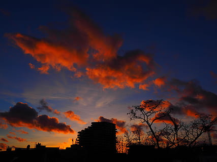 nube, resplandor crepuscular, puesta de sol, cielo, rojo, cielo de la tarde, se forman nubes, oscuridad, iluminado, rojizo, ligero, parecer, parece que, clima del clima, naturaleza, color naranja, nube - cielo, al aire libre, scenics, paisaje de nubes, luz del sol, Dom, silueta, paisaje, amarillo, belleza en la naturaleza, cielo dramático, árbol, arquitectura, estructura construida, exterior del edificio, planta, nadie, vista de ángulo bajo, paisajes - naturaleza, edificio, tranquilidad, escena tranquila, 4K, CC0, dominio público, libre de derechos