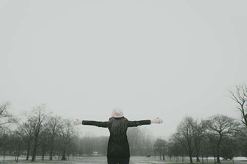 woman, wearing, black, long, sleeved jacket, white, headdress, hand gloves, jacket, hand, gloves, time Of Day, image Type, image Technique, human Age, outdoors, adult, women, natural Phenomenon, viewpoint, color Image, one Person, day, caucasian Ethnicity, ethnicity, physical Position, moving Activity, adults Only, nature, tree, standing, copy Space, clothing, winter, descriptive Position, form Of Communication, one woman only, only women, rear view, human arm, arms outstretched, lifestyles, leisure activity, limb, sky, plant, front view, bare tree, arms raised, real people, warm clothing, 5K, CC0, public domain, royalty free