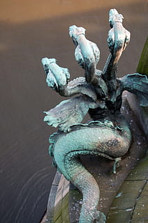 statue, river, bridge, dragon, head, architecture, no people, water, sculpture, day, art and craft, close-up, representation, focus on foreground, nature, outdoors, human representation, creativity, metal, craft, chain, high angle view, wood, wood - material, 2K, CC0, public domain, royalty free